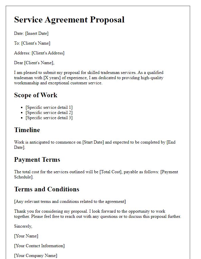 Letter template of skilled tradesman service agreement proposal