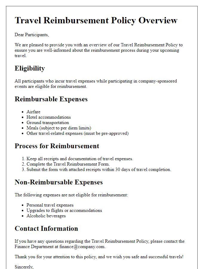 Letter template of travel reimbursement policy overview for participants