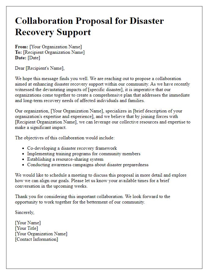 Letter template of collaboration proposal for disaster recovery support