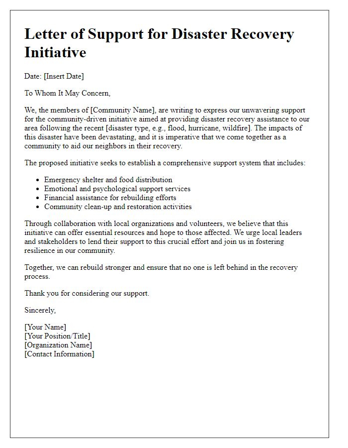 Letter template of community-driven initiative for disaster recovery assistance