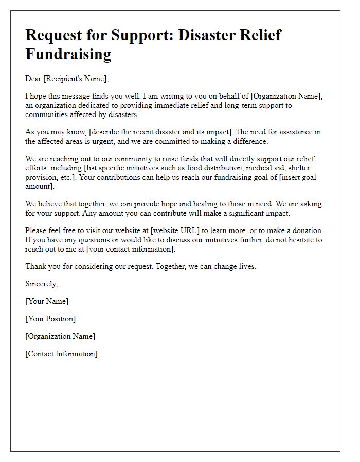 Letter template of fundraising request for disaster relief organization