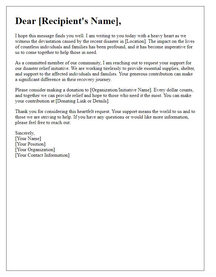 Letter template of heartfelt request for contributions to disaster relief