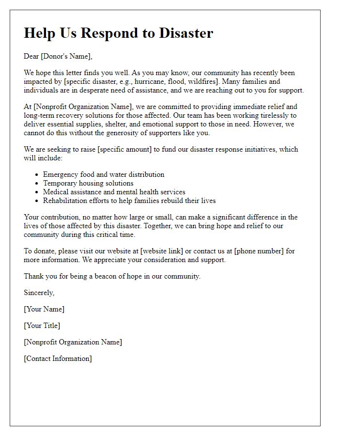 Letter template of nonprofit disaster response funding appeal