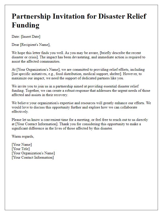 Letter template of partnership invitation for disaster relief funding