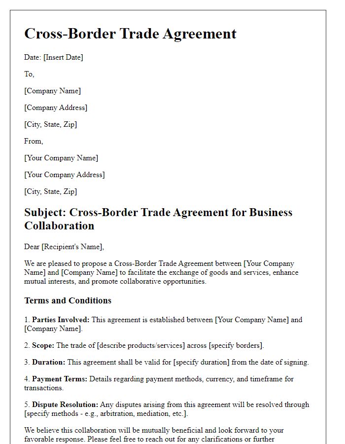 Letter template of cross-border trade agreement for business collaboration