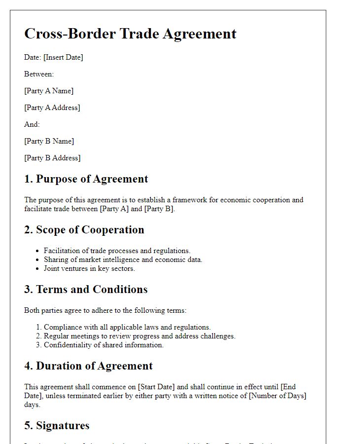 Letter template of cross-border trade agreement for economic cooperation