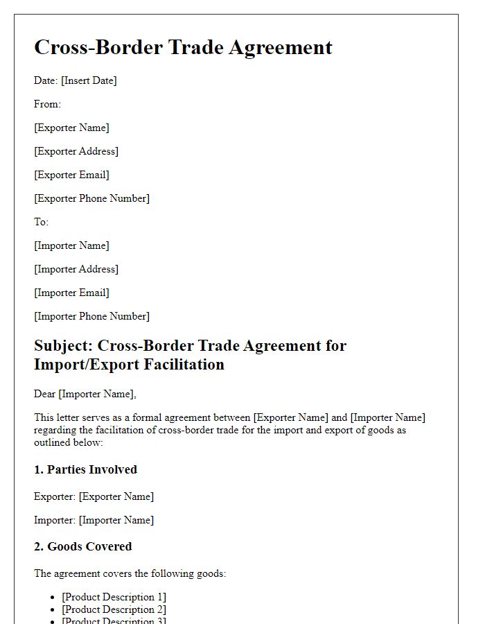 Letter template of cross-border trade agreement for import/export facilitation