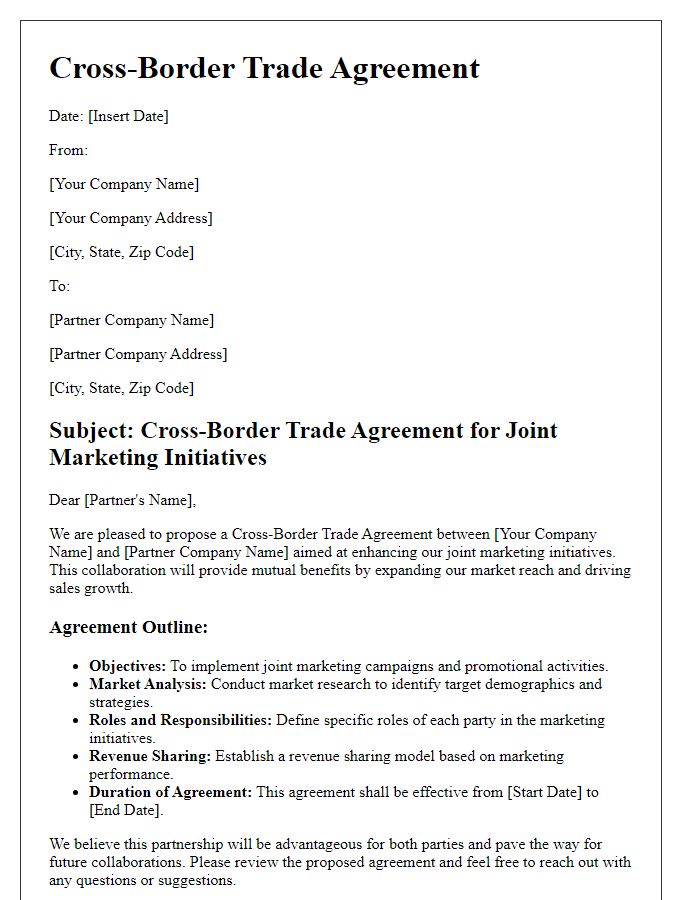 Letter template of cross-border trade agreement for joint marketing initiatives