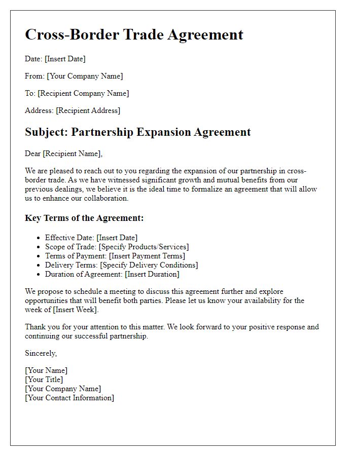 Letter template of cross-border trade agreement for partnership expansion