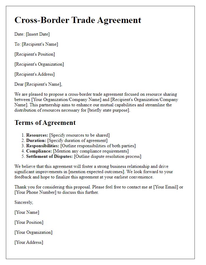 Letter template of cross-border trade agreement for resource sharing