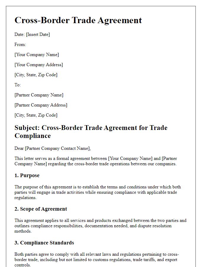 Letter template of cross-border trade agreement for trade compliance