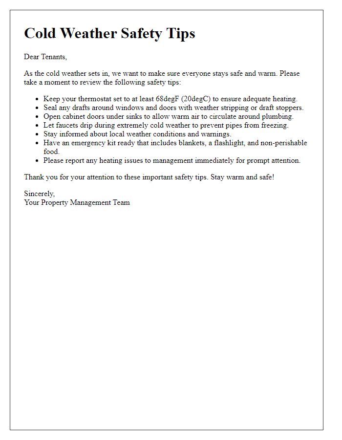 Letter template of cold weather safety tips for tenants.