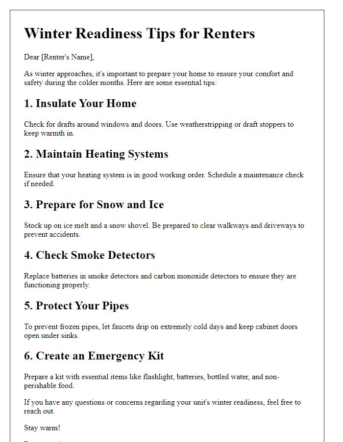 Letter template of essential winter readiness advice for renters.