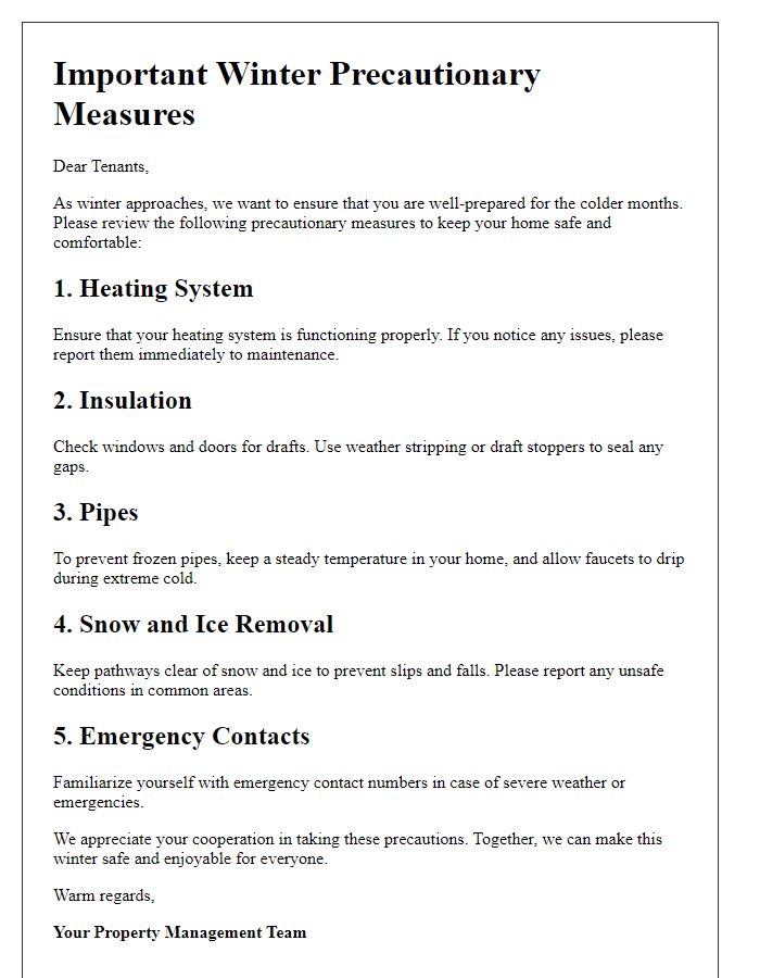 Letter template of precautionary measures for tenants during winter.