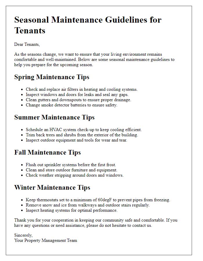 Letter template of seasonal maintenance guidelines for tenants.