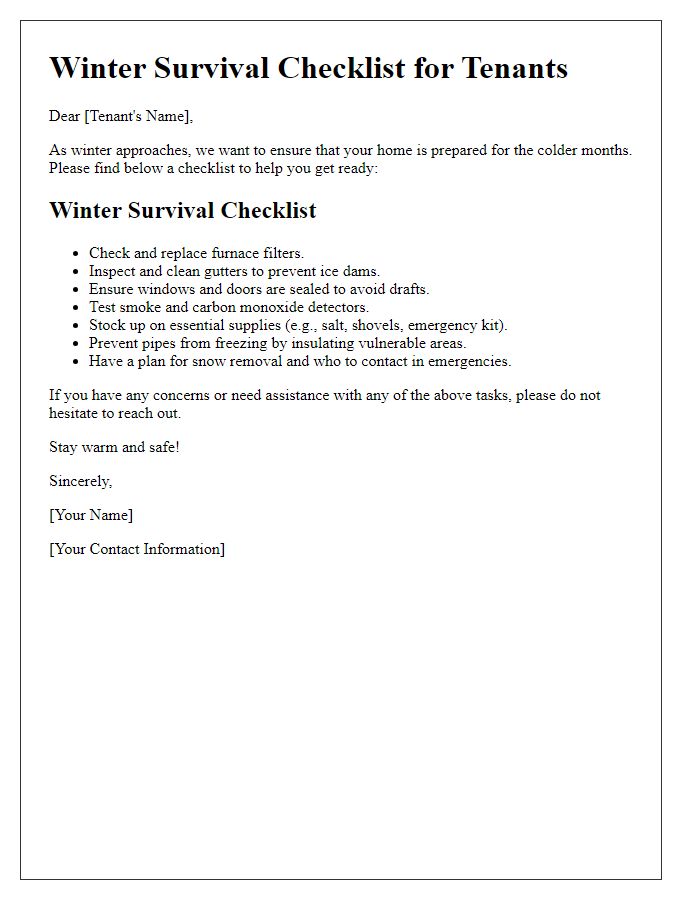 Letter template of tenant winter survival checklist.