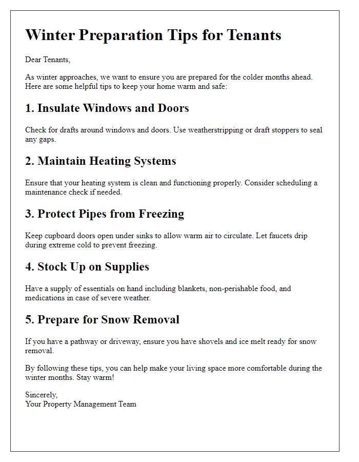 Letter template of tips for tenants to prepare for winter conditions.