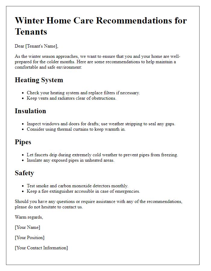 Letter template of winter home care recommendations for tenants.