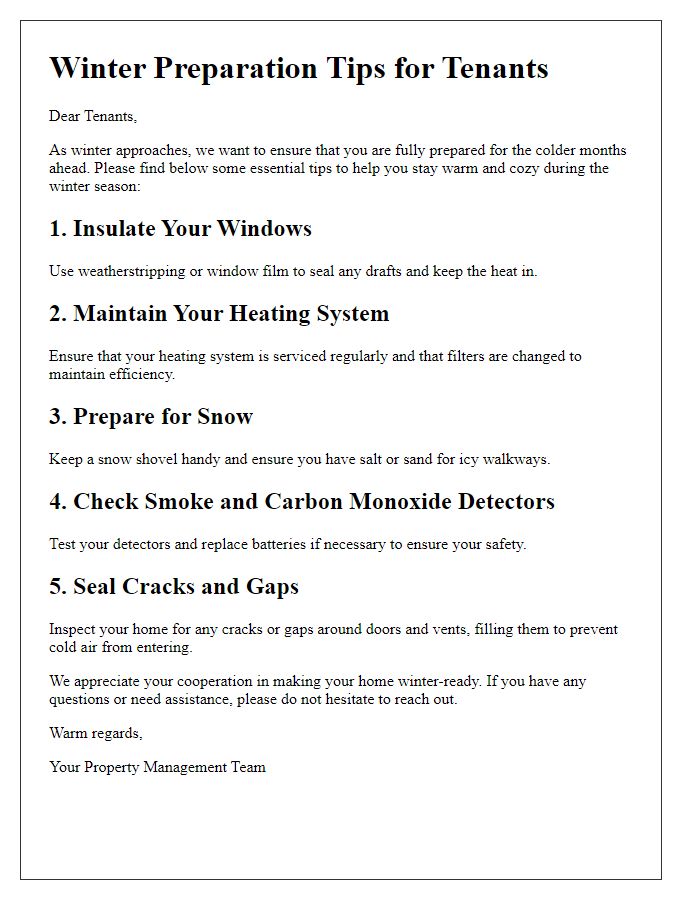 Letter template of winter preparation tips for tenants.