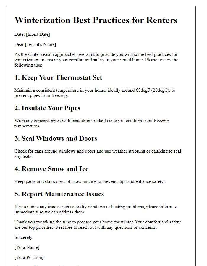 Letter template of winterization best practices for renters.