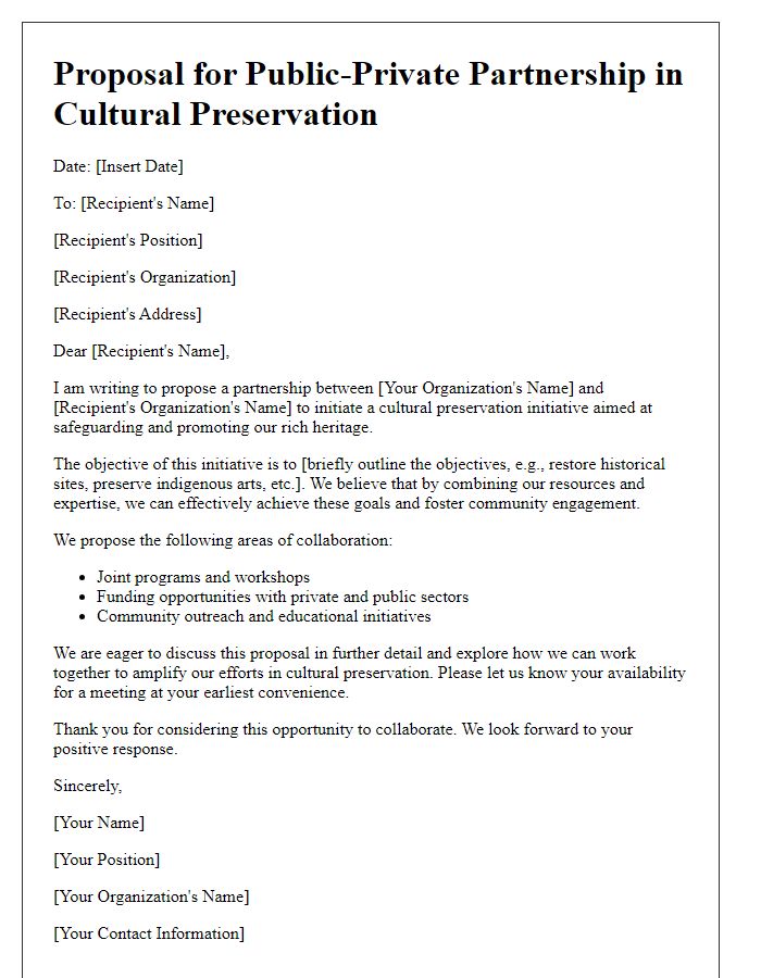 Letter template of public-private partnership proposal for cultural preservation initiative