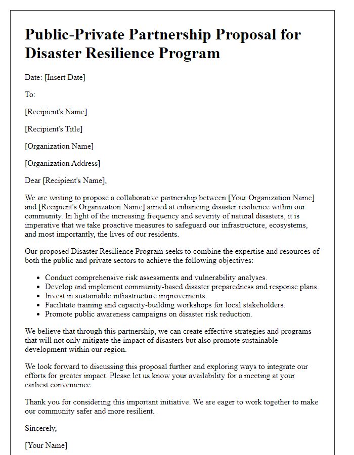 Letter template of public-private partnership proposal for disaster resilience program