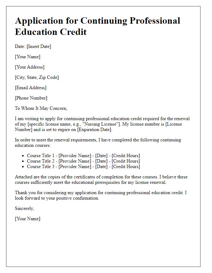 Letter template of application for continuing professional education credit for license renewal