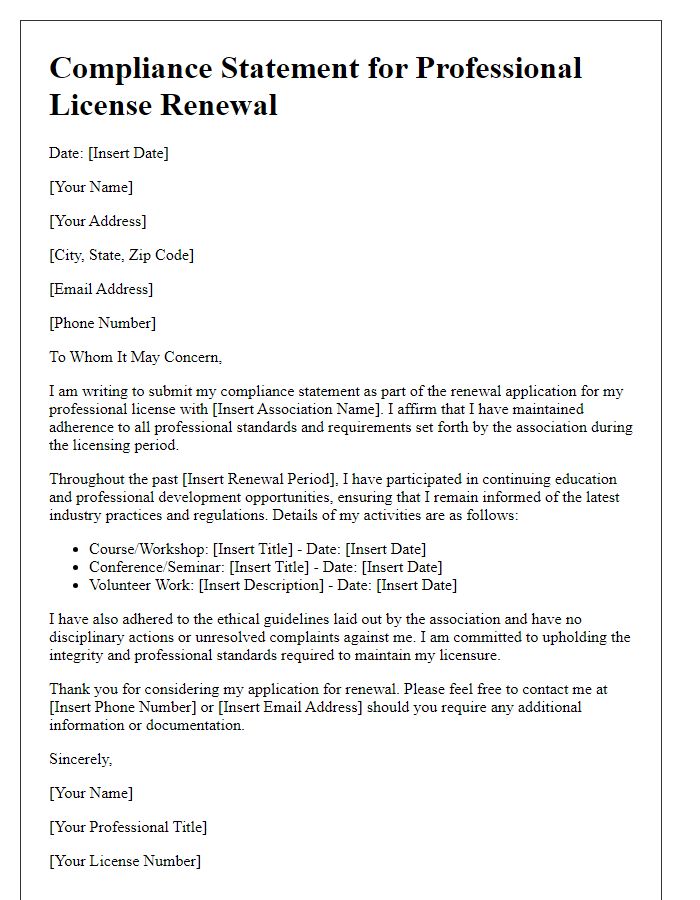 Letter template of compliance statement for association professional license renewal