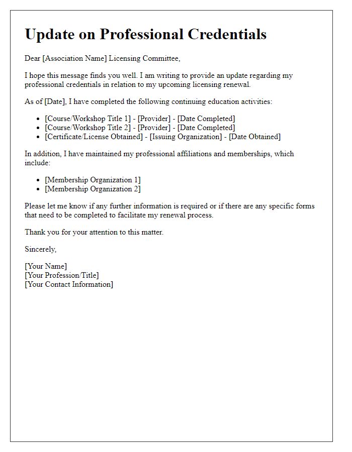 Letter template of update on professional credentials for association licensing renewal