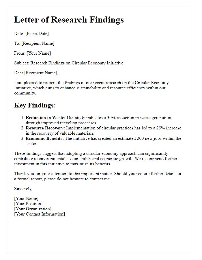 Letter template of research findings on circular economy initiative