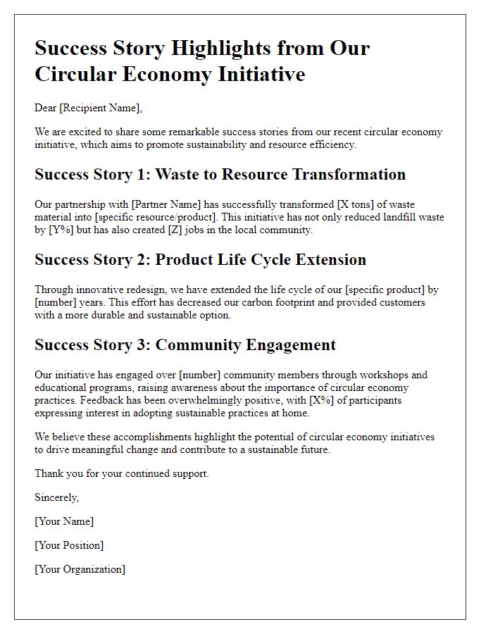 Letter template of success story highlights from circular economy initiative