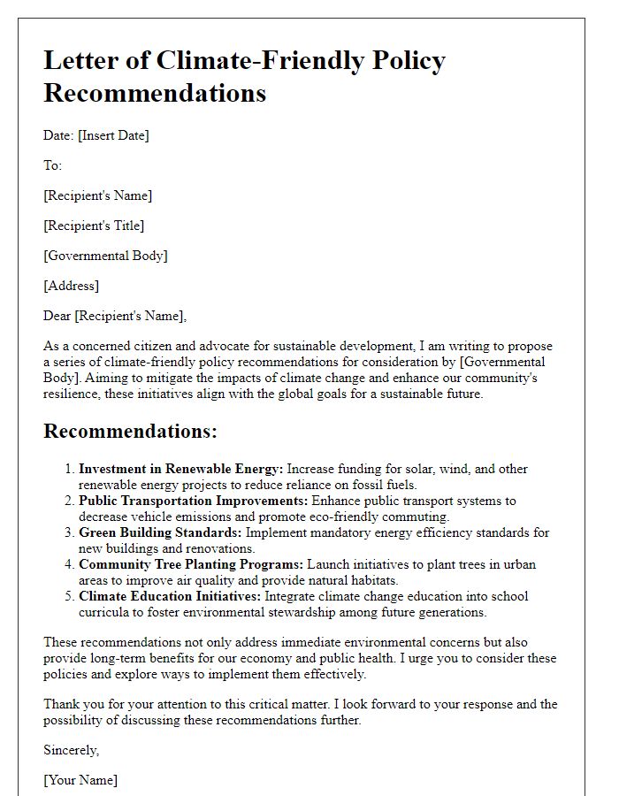 Letter template of climate-friendly policy recommendations for governmental bodies.