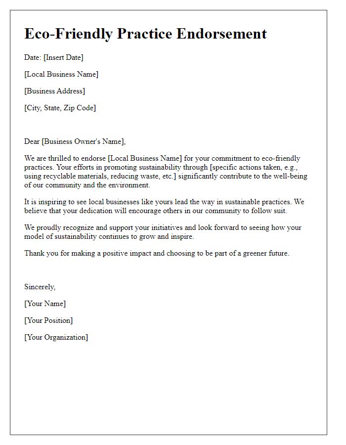 Letter template of eco-friendly practice endorsement for local businesses.