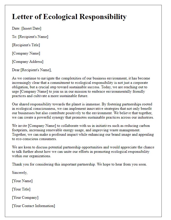 Letter template of ecological responsibility urging for corporate partners.