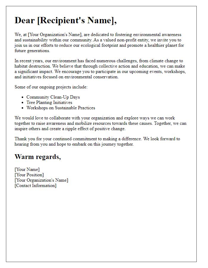 Letter template of environmental awareness encouragement for non-profit entities.