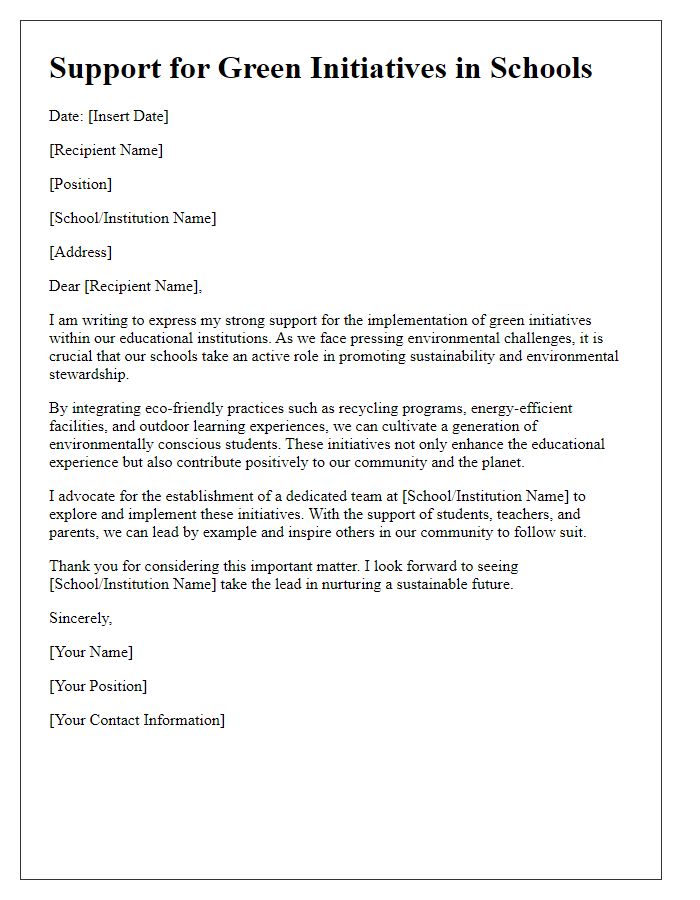 Letter template of green initiative support for schools and educational institutions.