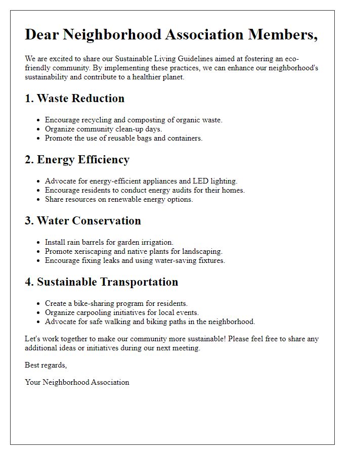 Letter template of sustainable living guidelines for neighborhood associations.