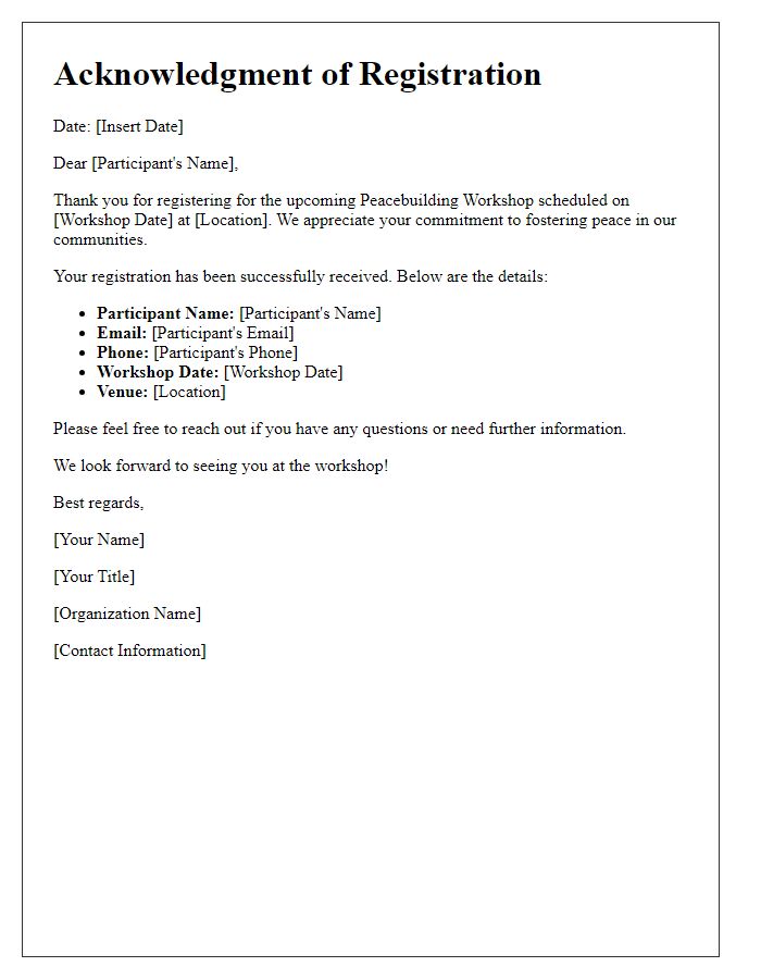 Letter template of Acknowledgment of Registration for Peacebuilding Workshop