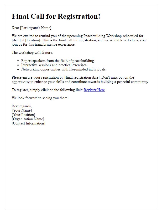 Letter template of Final Call for Peacebuilding Workshop Registration