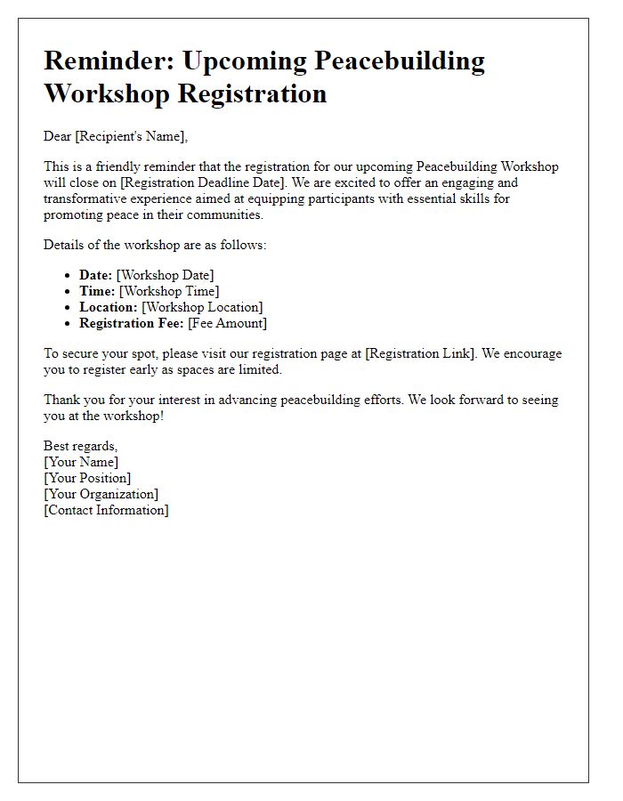 Letter template of Reminder for Upcoming Peacebuilding Workshop Registration