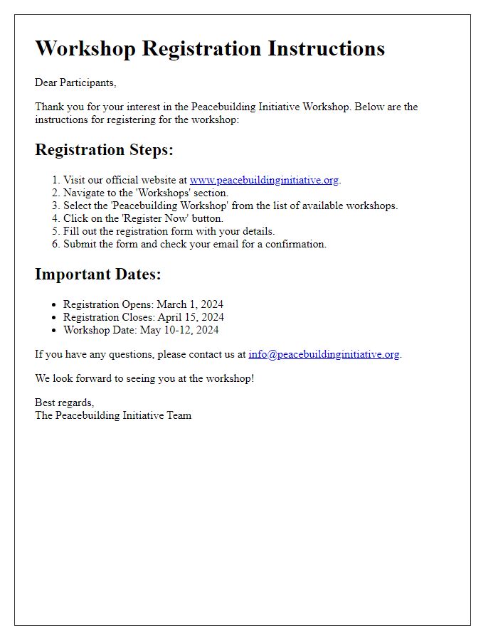 Letter template of Workshop Registration Instructions for Peacebuilding Initiative