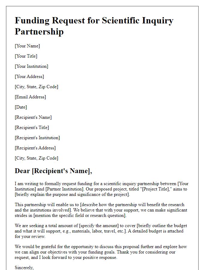 Letter template of funding request for scientific inquiry partnership