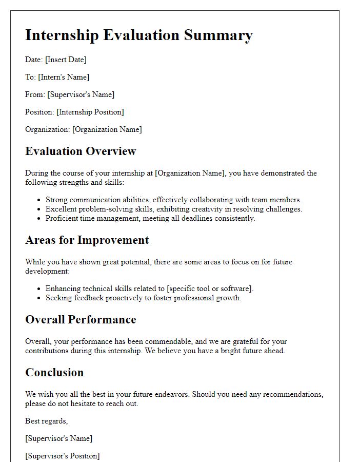 Letter template of evaluation summary for internship in organization