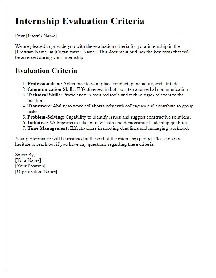 Letter template of internship evaluation criteria for association program