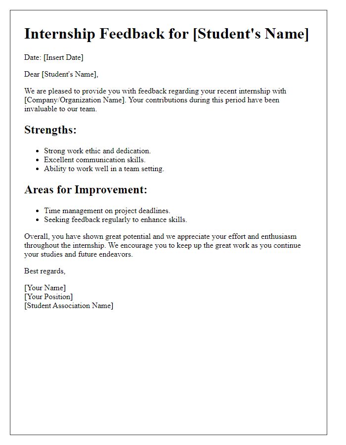 Letter template of internship feedback for student association