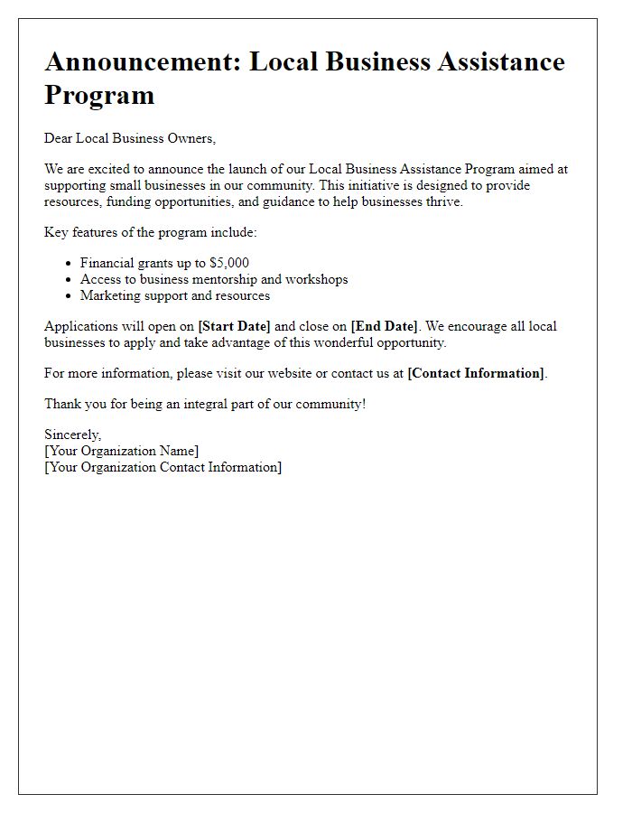 Letter template of announcement for local business assistance program