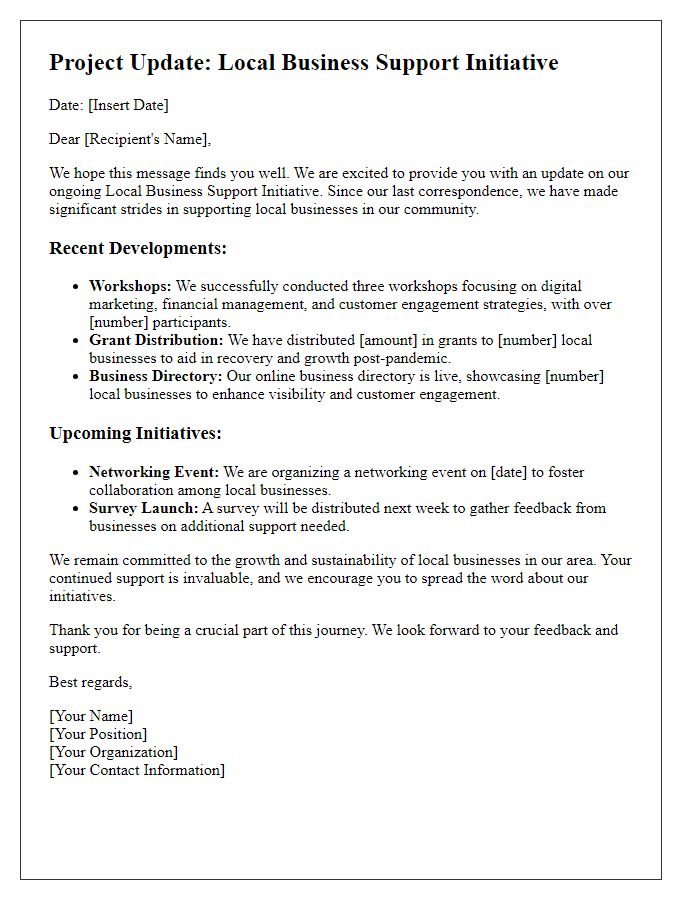 Letter template of project update for local business support initiative