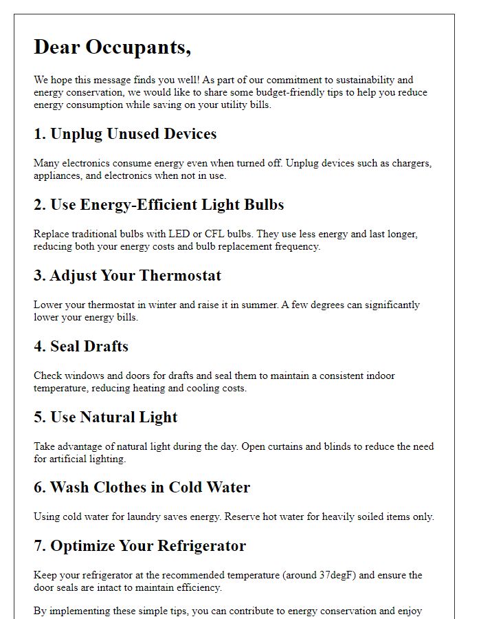 Letter template of budget-friendly energy conservation tips for occupants