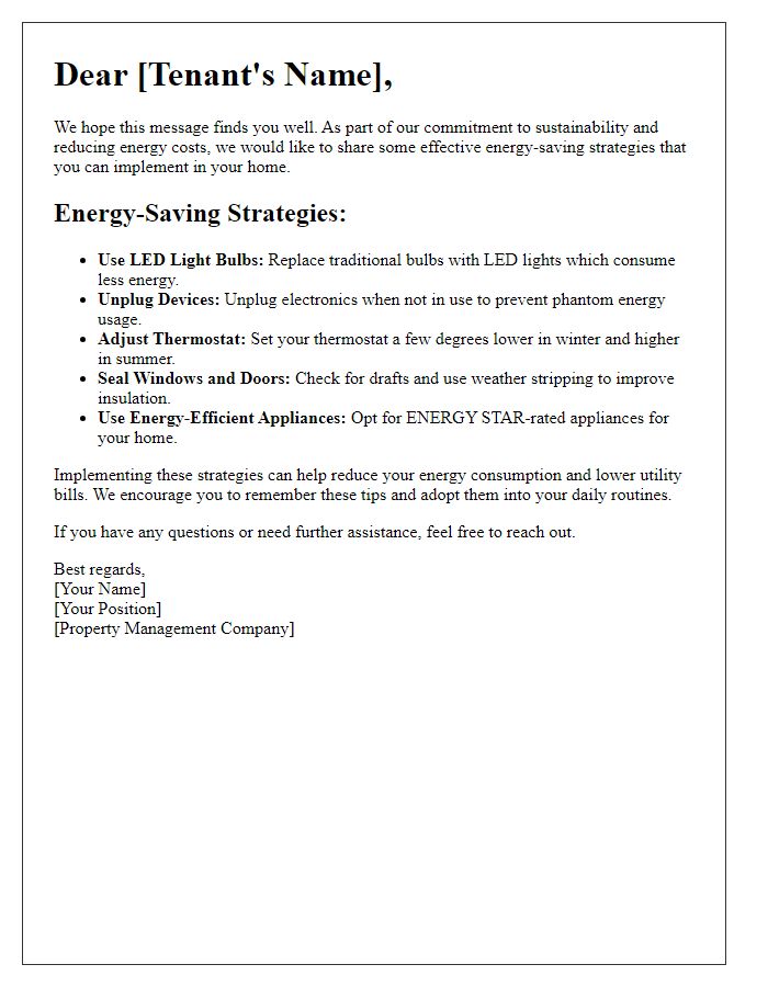 Letter template of energy-saving strategies for house tenants