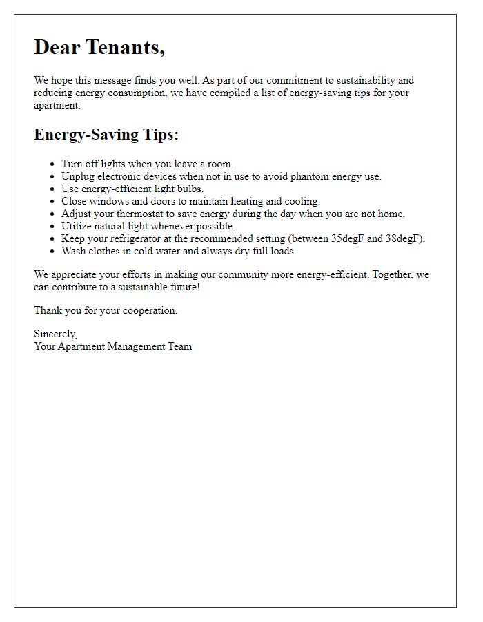 Letter template of energy-saving tips for tenants in apartments